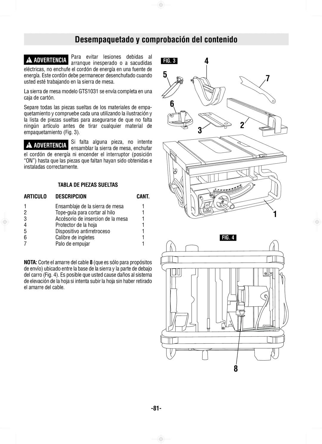 Bosch Power Tools GTS1031 manual Desempaquetado y comprobación del contenido, Para evitar lesiones debidas al 