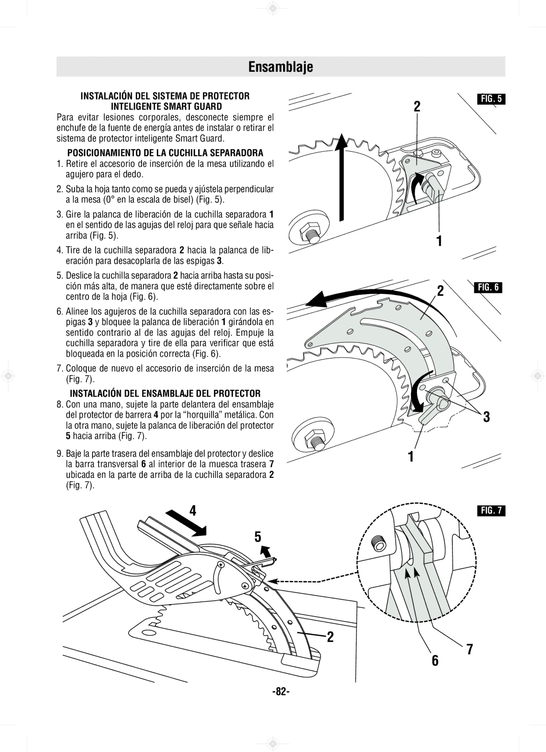 Bosch Power Tools GTS1031 manual Posicionamiento DE LA Cuchilla Separadora, Instalación DEL Ensamblaje DEL Protector 