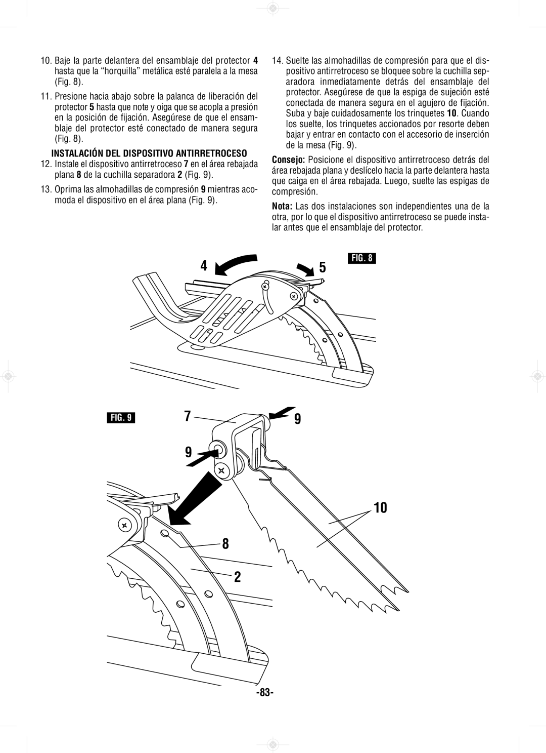 Bosch Power Tools GTS1031 manual Instalación DEL Dispositivo Antirretroceso 