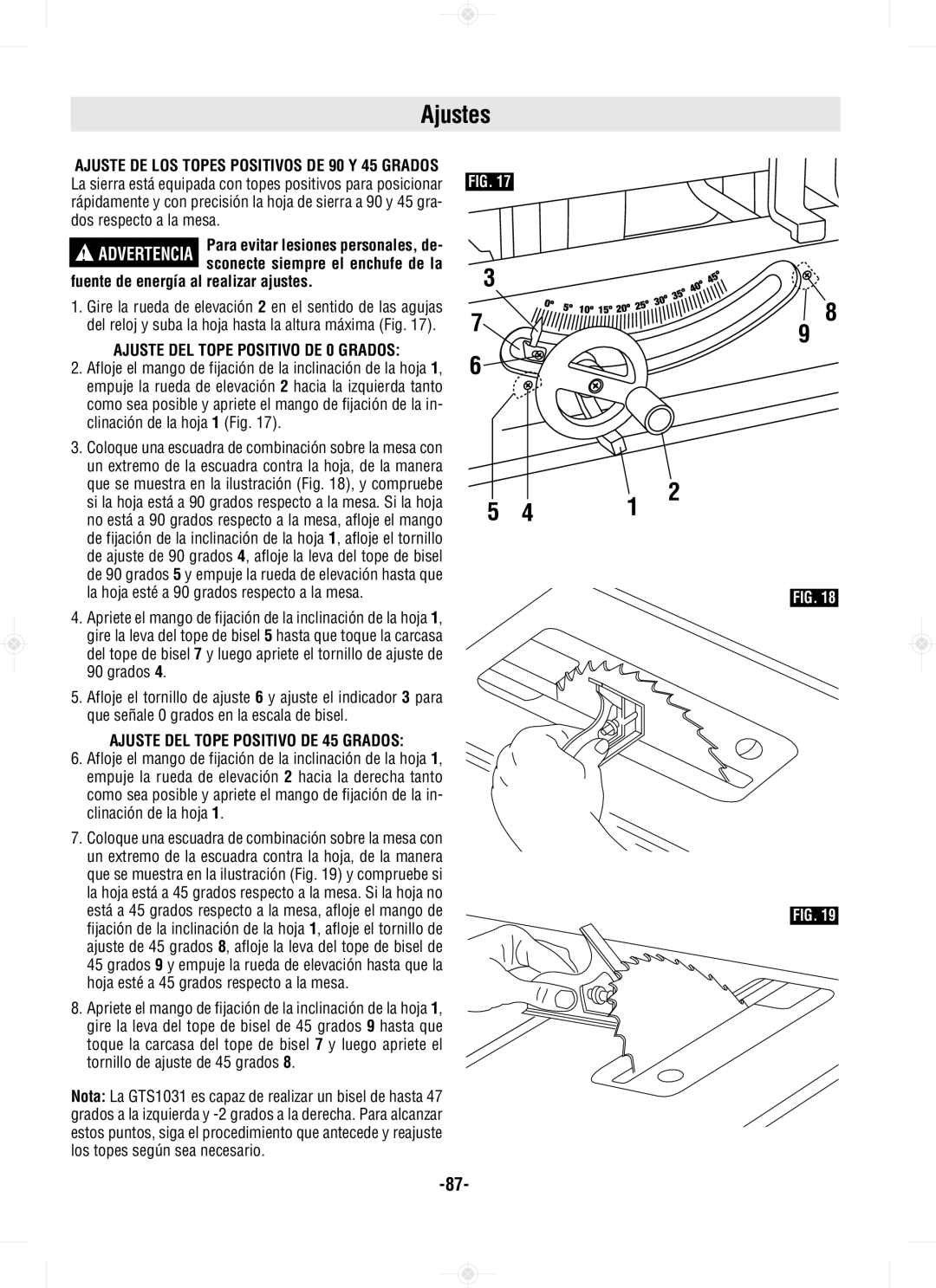 Bosch Power Tools GTS1031 manual Ajustes, Fuente de energía al realizar ajustes, Ajuste DEL Tope Positivo DE 0 Grados 