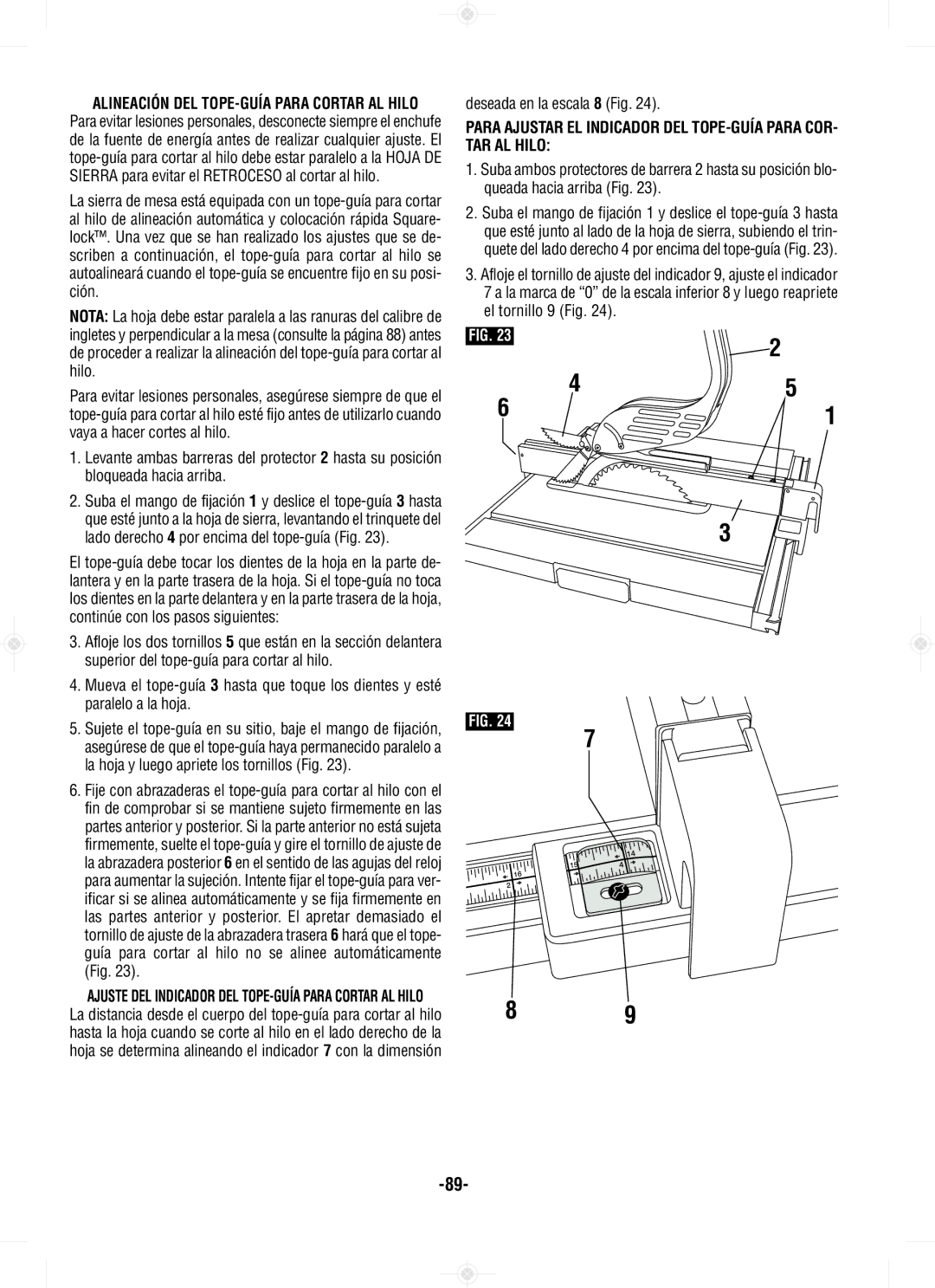 Bosch Power Tools GTS1031 manual Deseada en la escala 8 Fig, Alineación DEL TOPE-GUÍA Para Cortar AL Hilo 