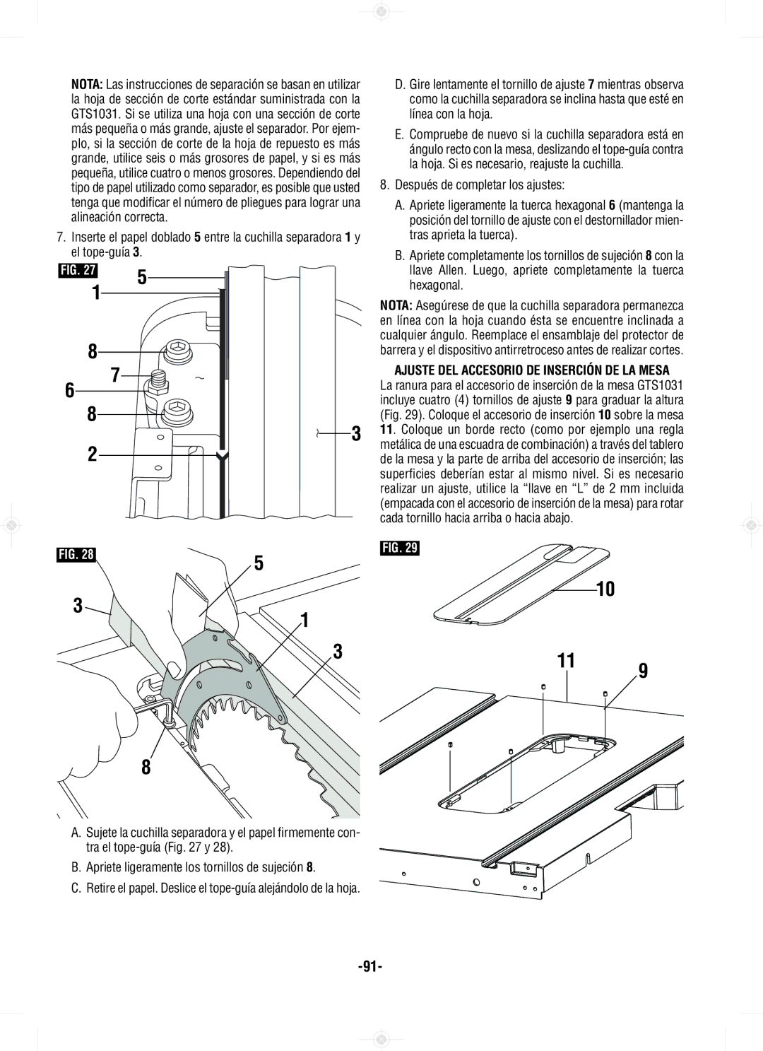 Bosch Power Tools GTS1031 manual Línea con la hoja, La hoja. Si es necesario, reajuste la cuchilla, Alineación correcta 