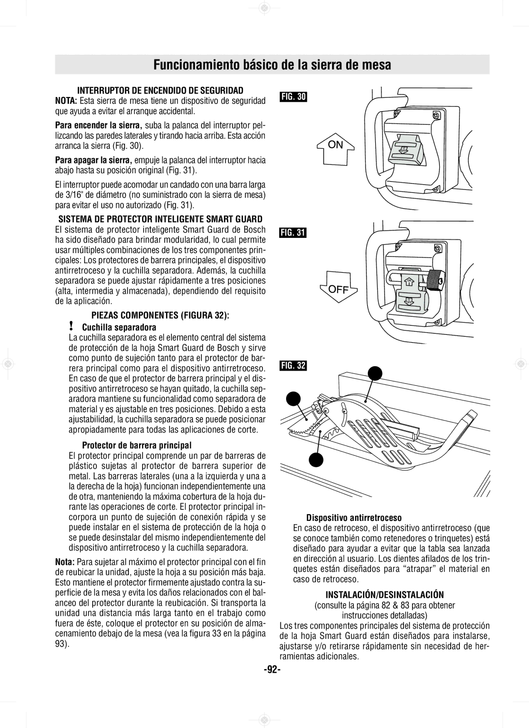 Bosch Power Tools GTS1031 manual Funcionamiento básico de la sierra de mesa, Interruptor DE Encendido DE Seguridad 