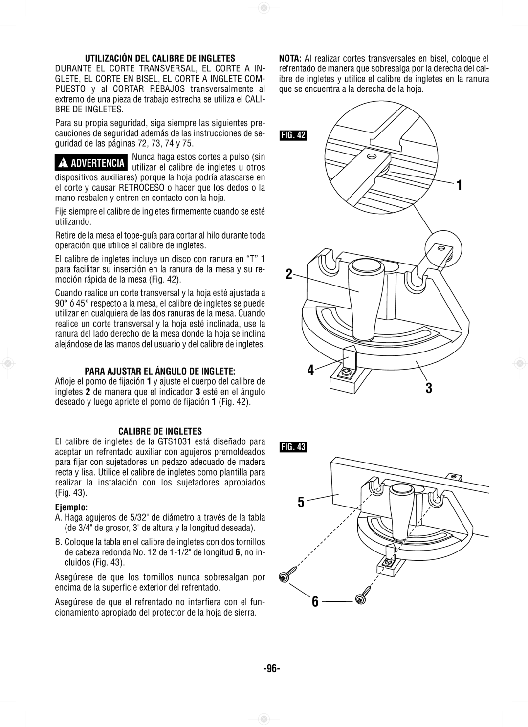 Bosch Power Tools GTS1031 manual Utilización DEL Calibre DE Ingletes, Para Ajustar EL Ángulo DE Inglete, Ejemplo 