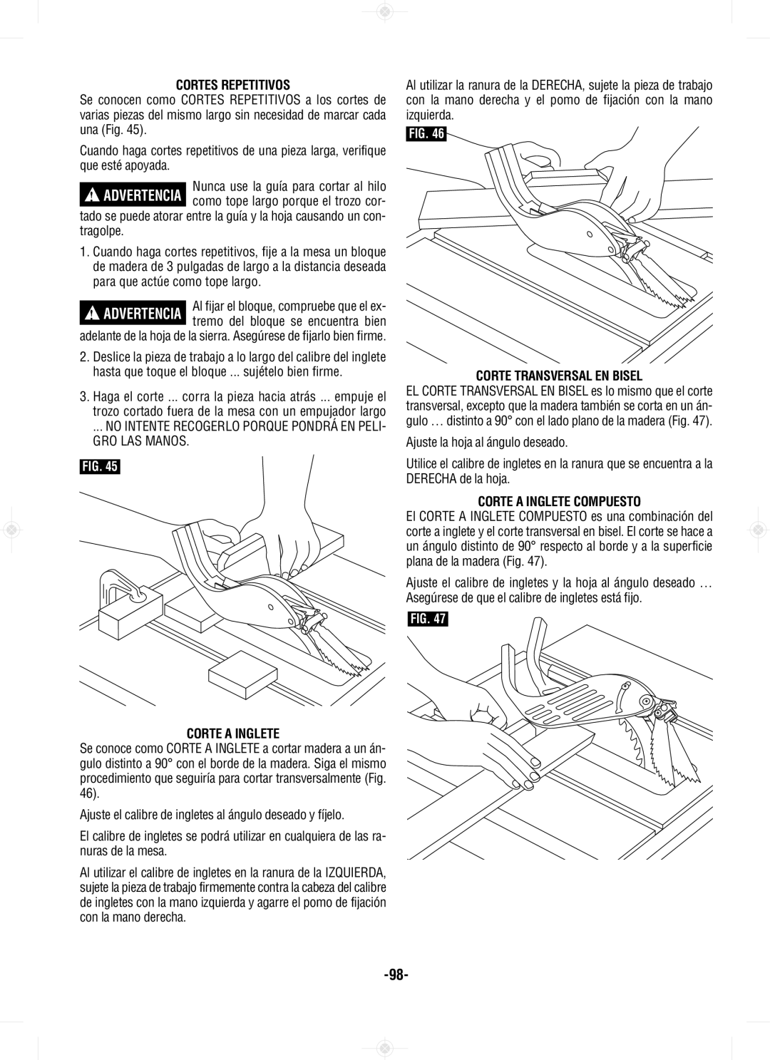 Bosch Power Tools GTS1031 manual Cortes Repetitivos, Corte Transversal EN Bisel, Corte a Inglete Compuesto 