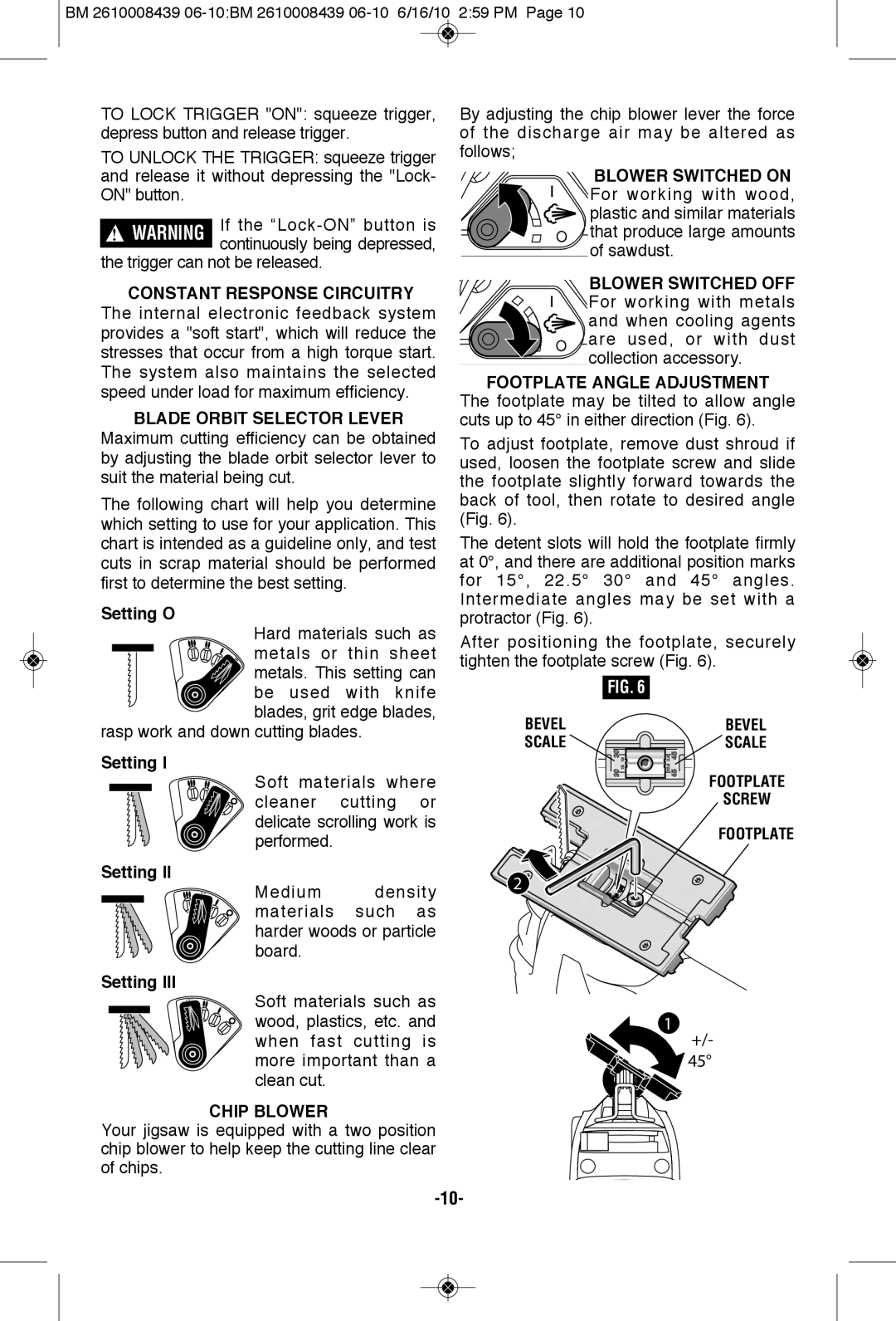 Bosch Power Tools JS470EB manual Blade Orbit Selector Lever, Chip Blower, Footplate Angle Adjustment, Bevel, Scale 