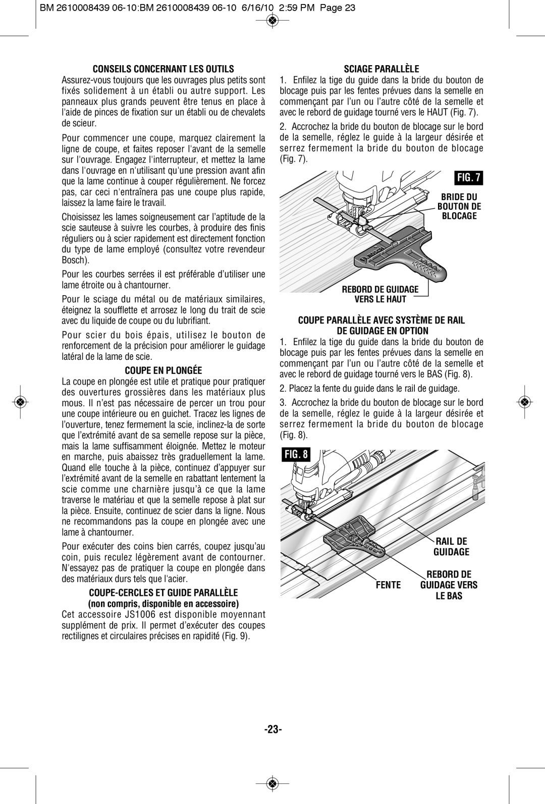 Bosch Power Tools JS470EB manual Conseils Concernant LES Outils, Coupe EN Plongée, Sciage Parallèle 