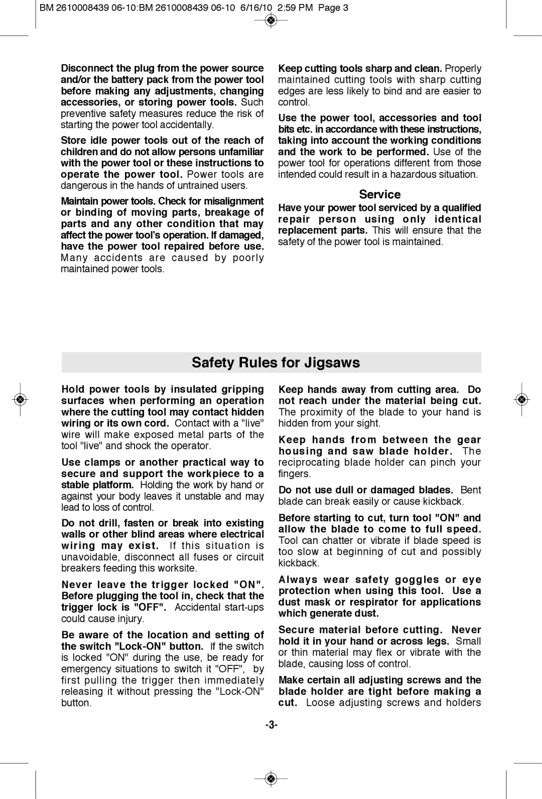 Bosch Power Tools JS470EB manual Safety Rules for Jigsaws, Service 