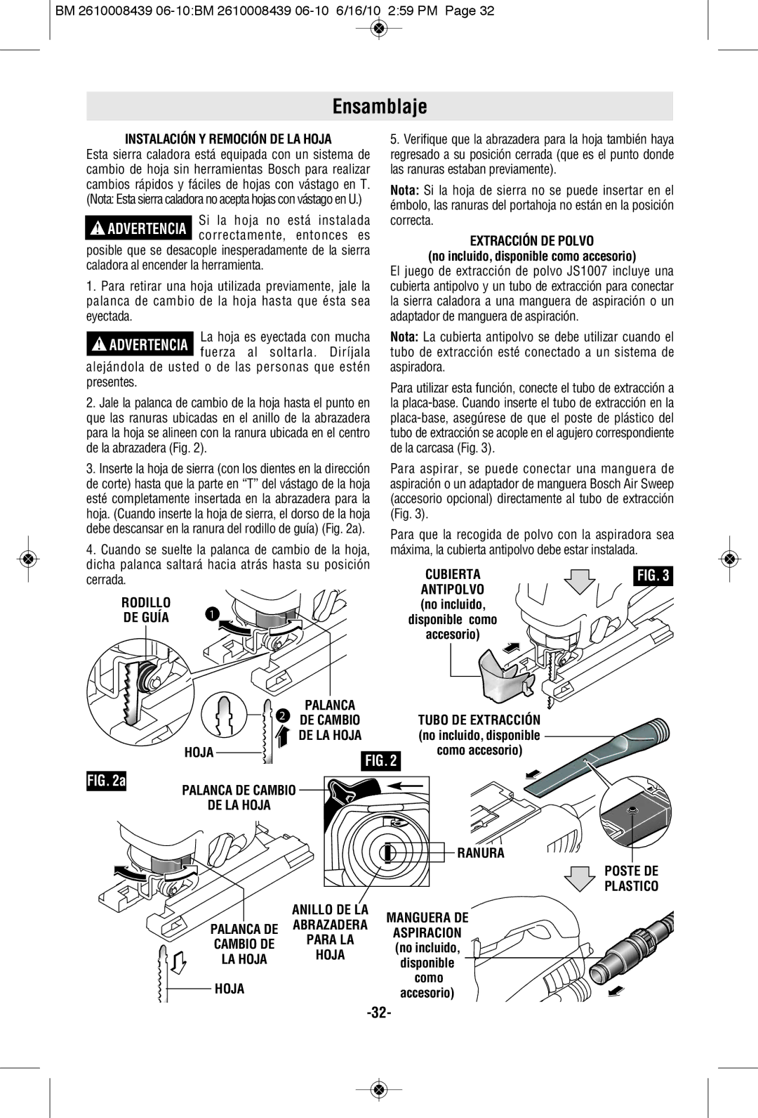 Bosch Power Tools JS470EB manual Ensamblaje, Instalación Y Remoción DE LA Hoja, Extracción DE Polvo, DE Cambio 