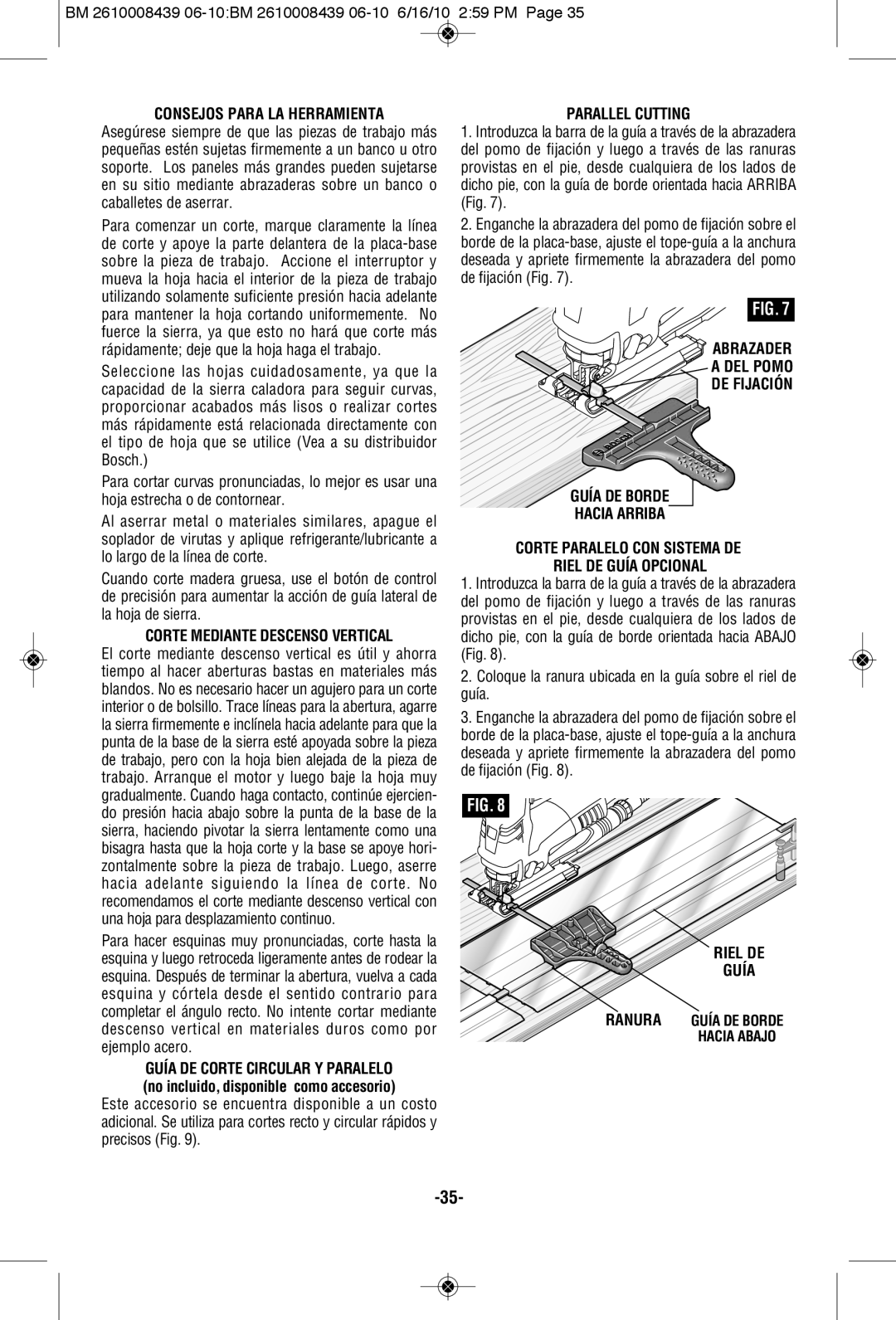 Bosch Power Tools JS470EB manual Consejos Para LA Herramienta, Corte Mediante Descenso Vertical, Riel DE Guía 