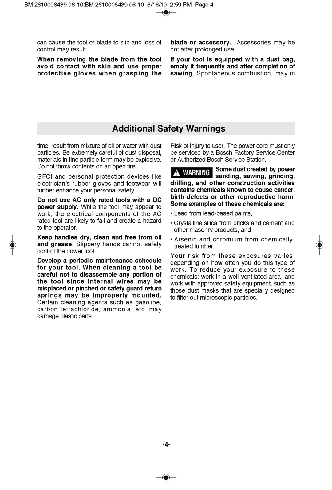 Bosch Power Tools JS470EB manual Additional Safety Warnings, Some dust created by power 