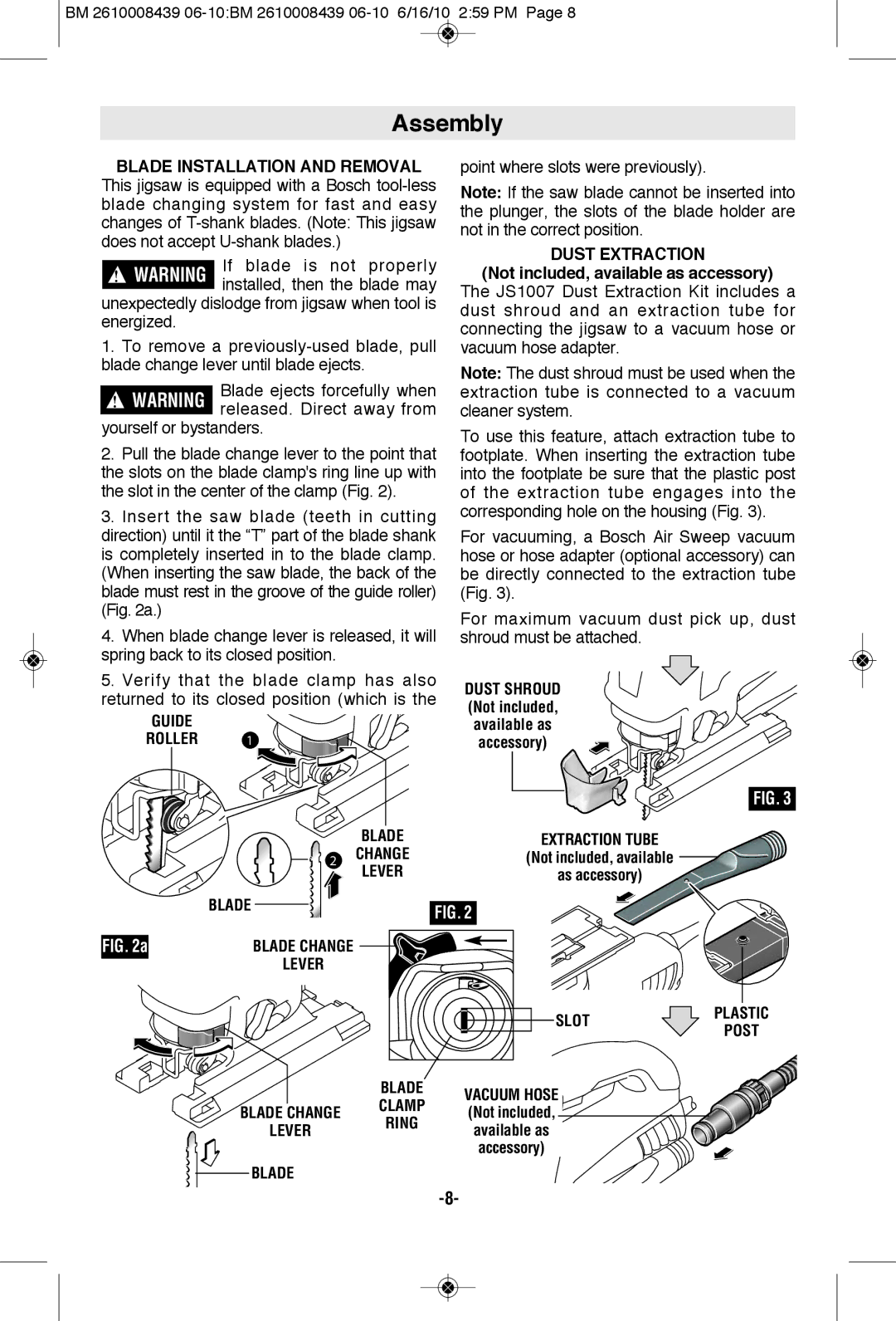 Bosch Power Tools JS470EB manual Assembly, Guide Roller, Dust Extraction, Slot, Blade 