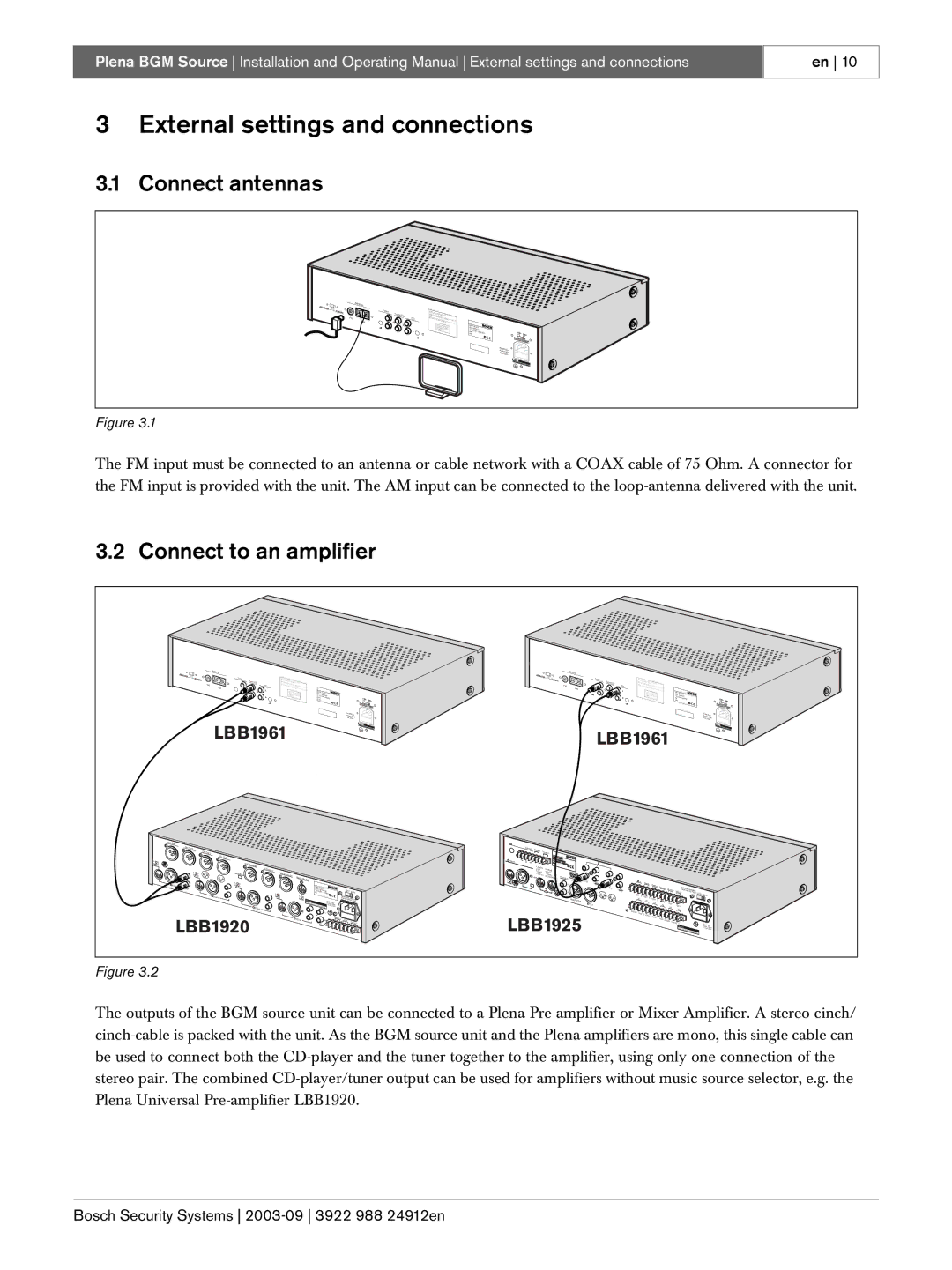 Bosch Power Tools LBB 1961 manual External settings and connections, Connect antennas, Connect to an amplifier 