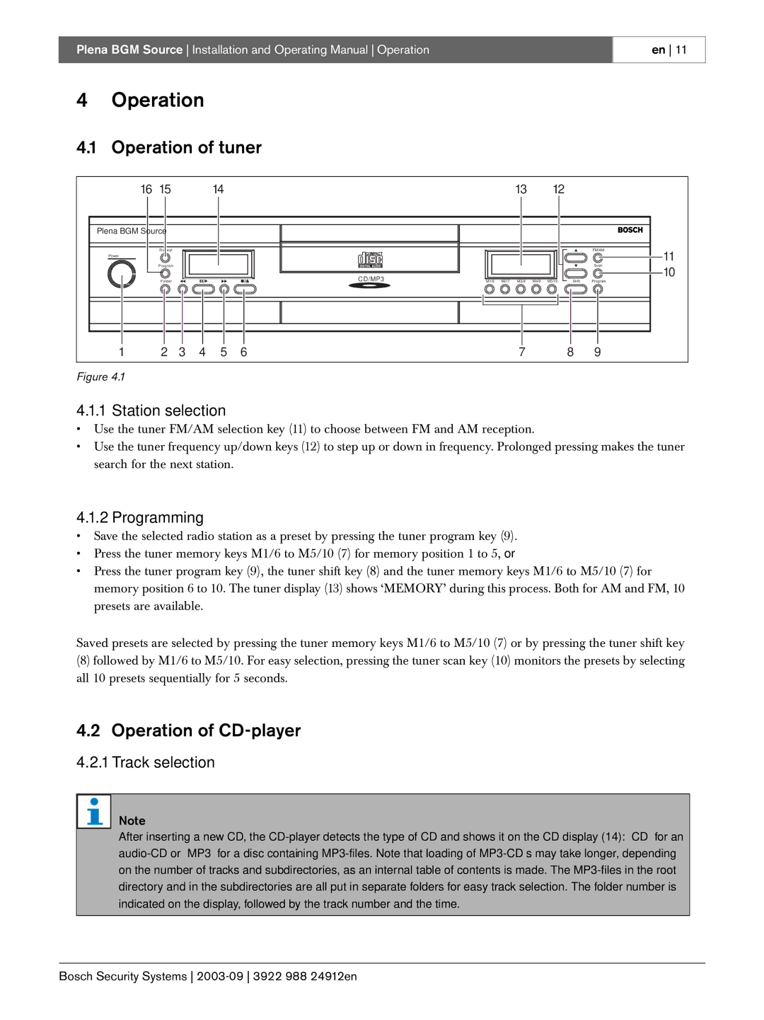 Bosch Power Tools LBB 1961 manual Operation of tuner, Operation of CD-player 