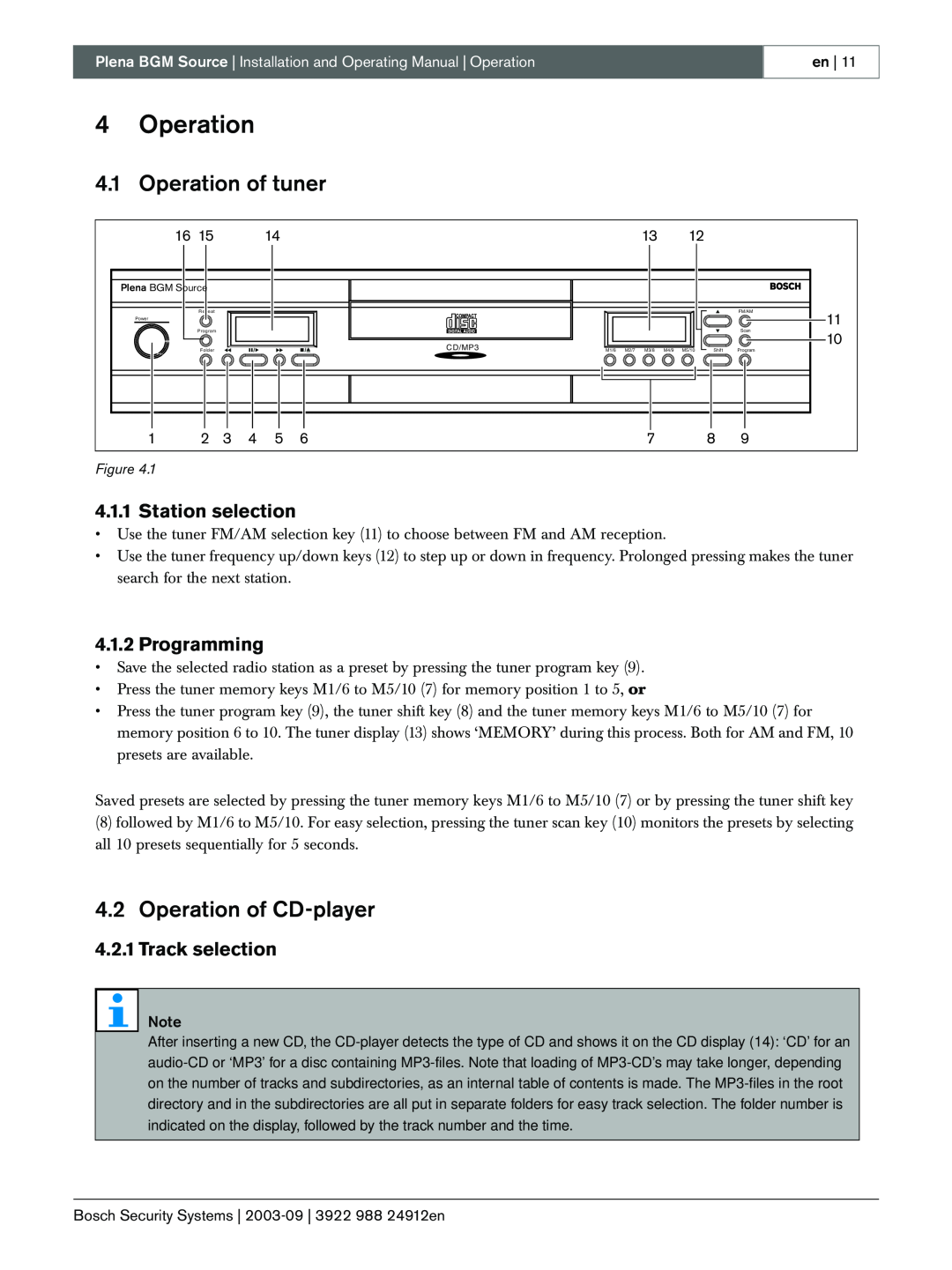 Bosch Power Tools LBB 1961 manual 4Operation, Operation of tuner, Operation of CD-player, Station selection, Programming 