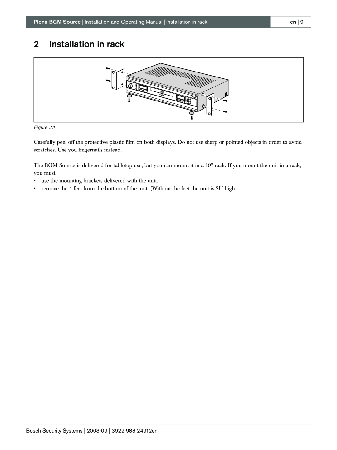 Bosch Power Tools LBB 1961 manual 2Installation in rack, Plena BGM Source 
