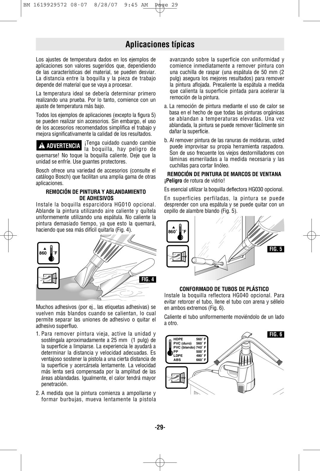 Bosch Power Tools LCD Aplicaciones típicas, La boquilla, hay peligro de, DE Adhesivos, Conformado DE Tubos DE Plástico 