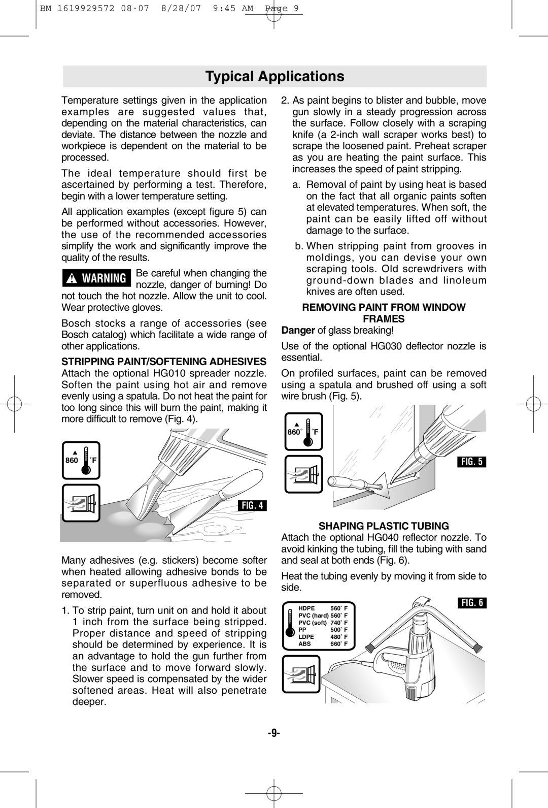 Bosch Power Tools LCD manual Typical Applications, Nozzle, danger of burning! Do, Removing Paint from Window Frames 