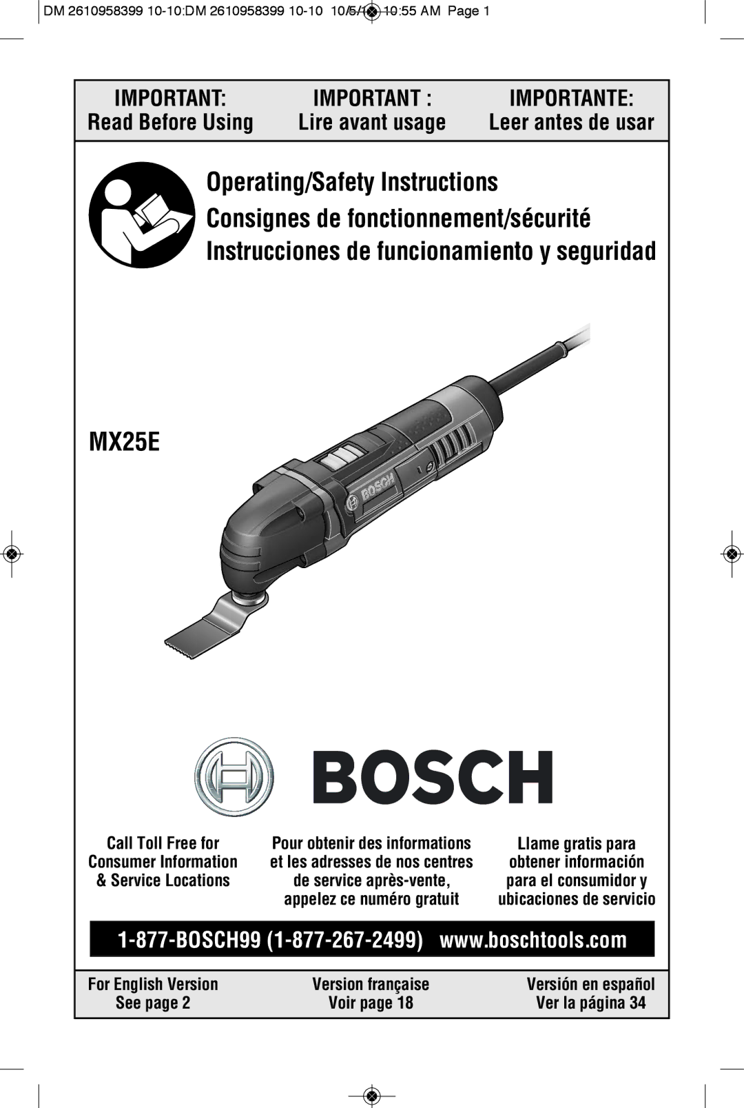 Bosch Power Tools MX25E manual Leer antes de usar, Call Toll Free for, See Voir Ver la página 