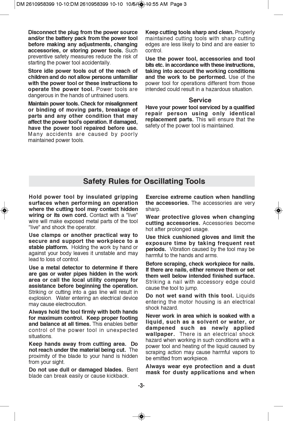 Bosch Power Tools MX25E manual Safety Rules for Oscillating Tools, Service 