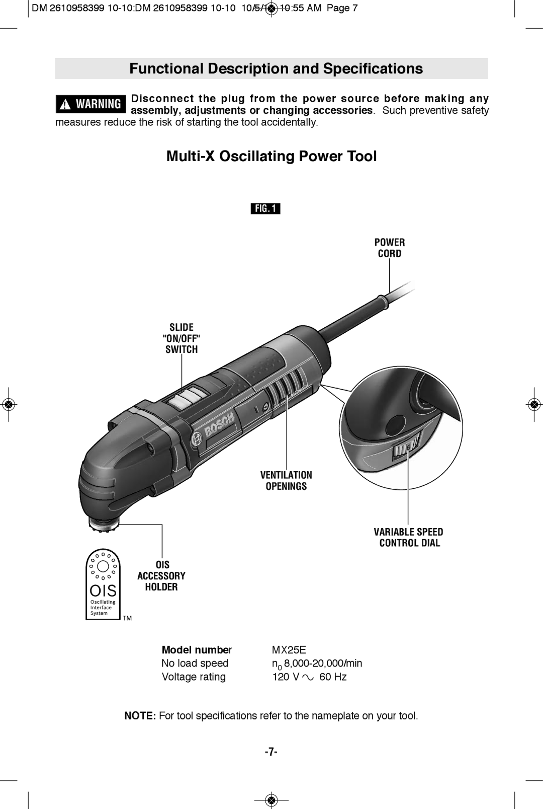 Bosch Power Tools MX25E manual Functional Description and Specifications, Multi-X Oscillating Power Tool, Model numbe r 