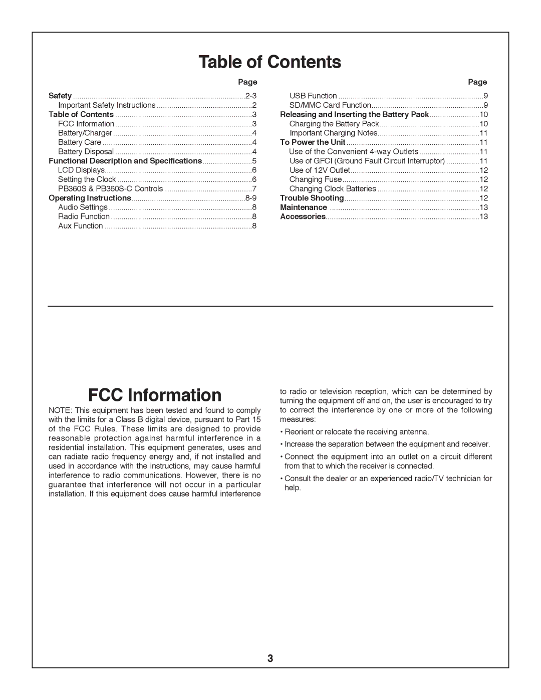 Bosch Power Tools PB360S-C manual Table of Contents, FCC Information 