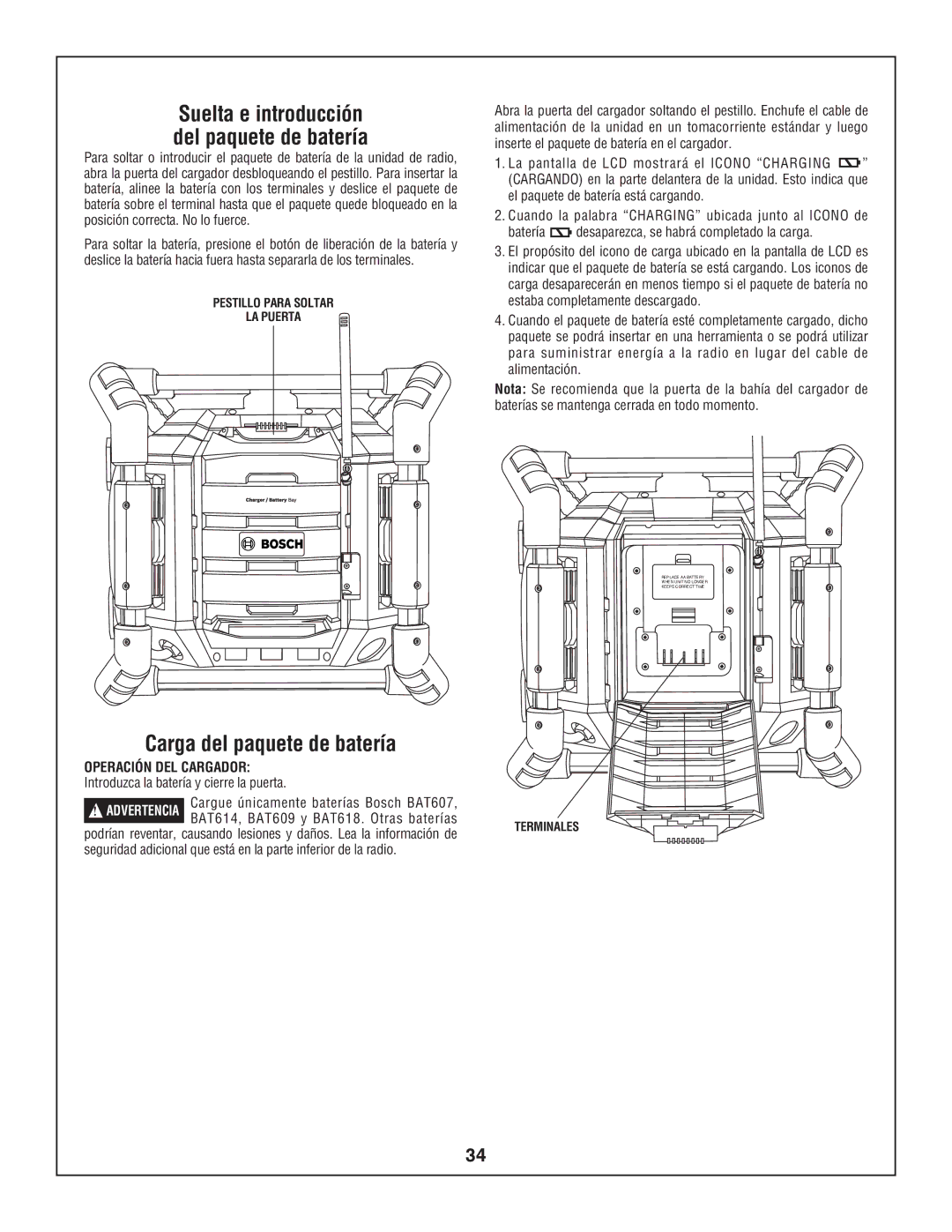 Bosch Power Tools PB360S-C manual Carga del paquete de batería, Suelta e introducción del paquete de batería, Terminales 