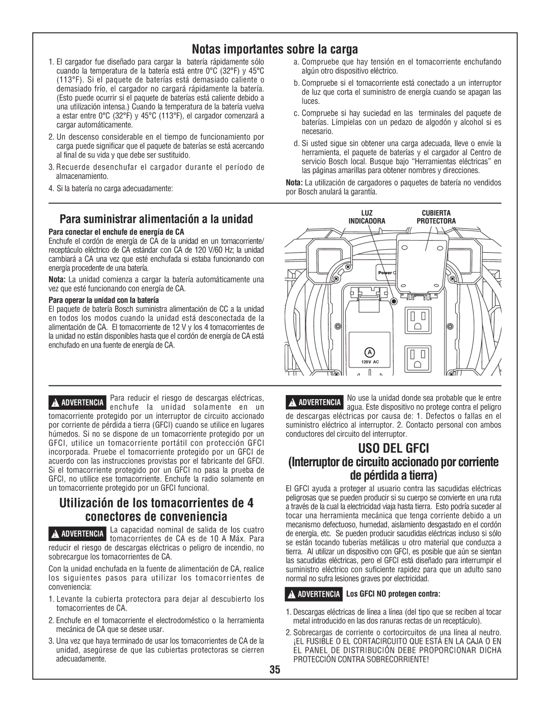 Bosch Power Tools PB360S-C manual Notas importantes sobre la carga, Conectores de conveniencia, De pérdida a tierra 