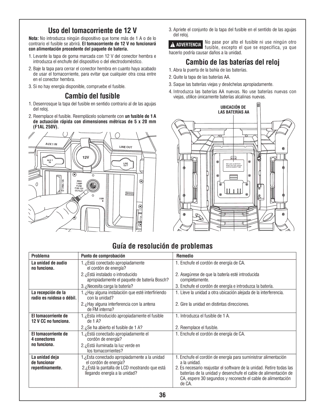 Bosch Power Tools PB360S-C manual Uso del tomacorriente de 12, Cambio del fusible, Cambio de las baterías del reloj 