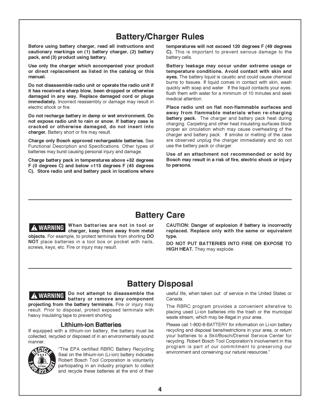 Bosch Power Tools PB360S-C manual Battery/Charger Rules, Battery Care, Battery Disposal, Lithium-ion Batteries 