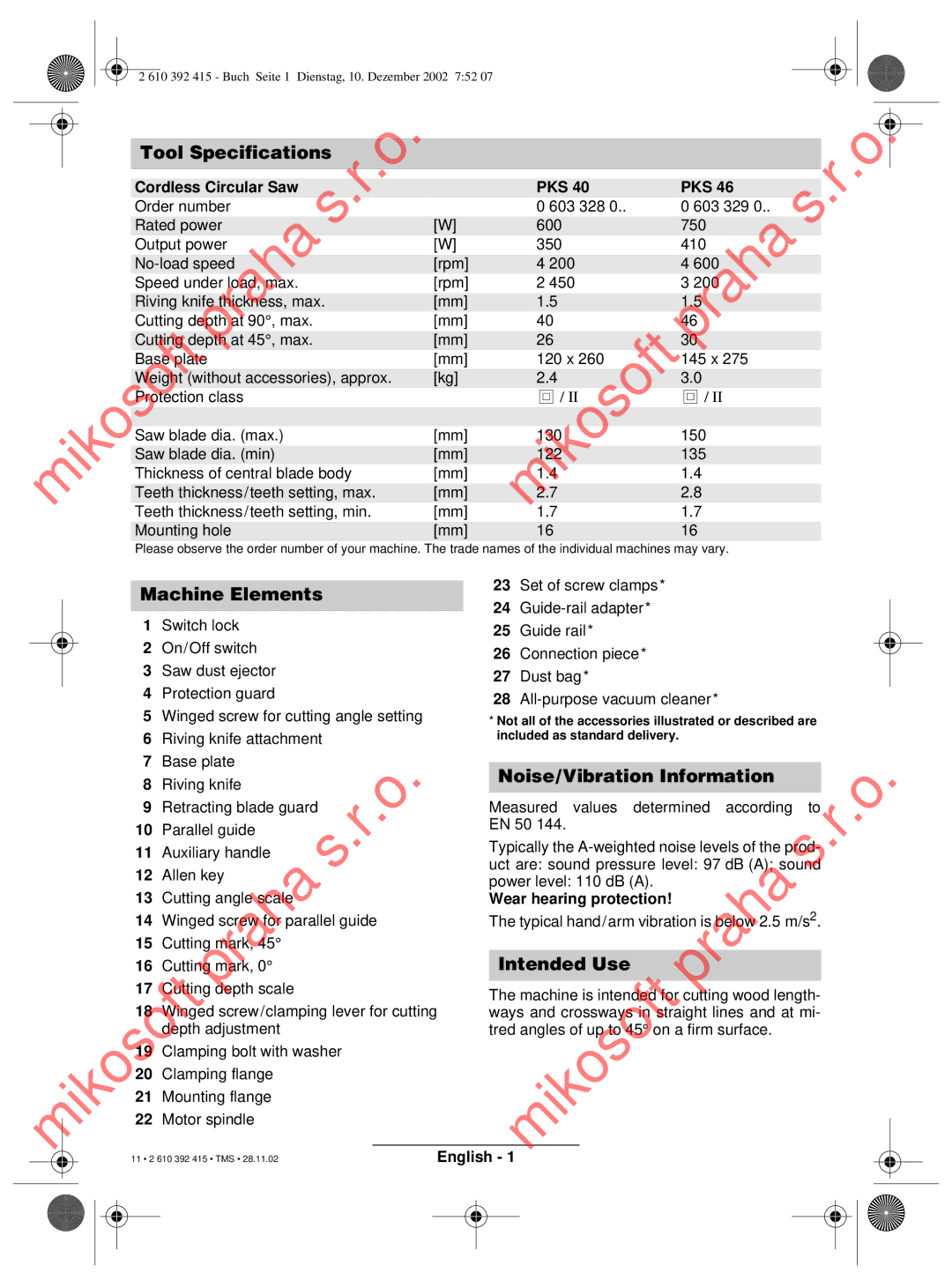 Bosch Power Tools PKS 46, PKS 40 Tool Specifications, Machine Elements, Noise/Vibration Information, Intended Use 