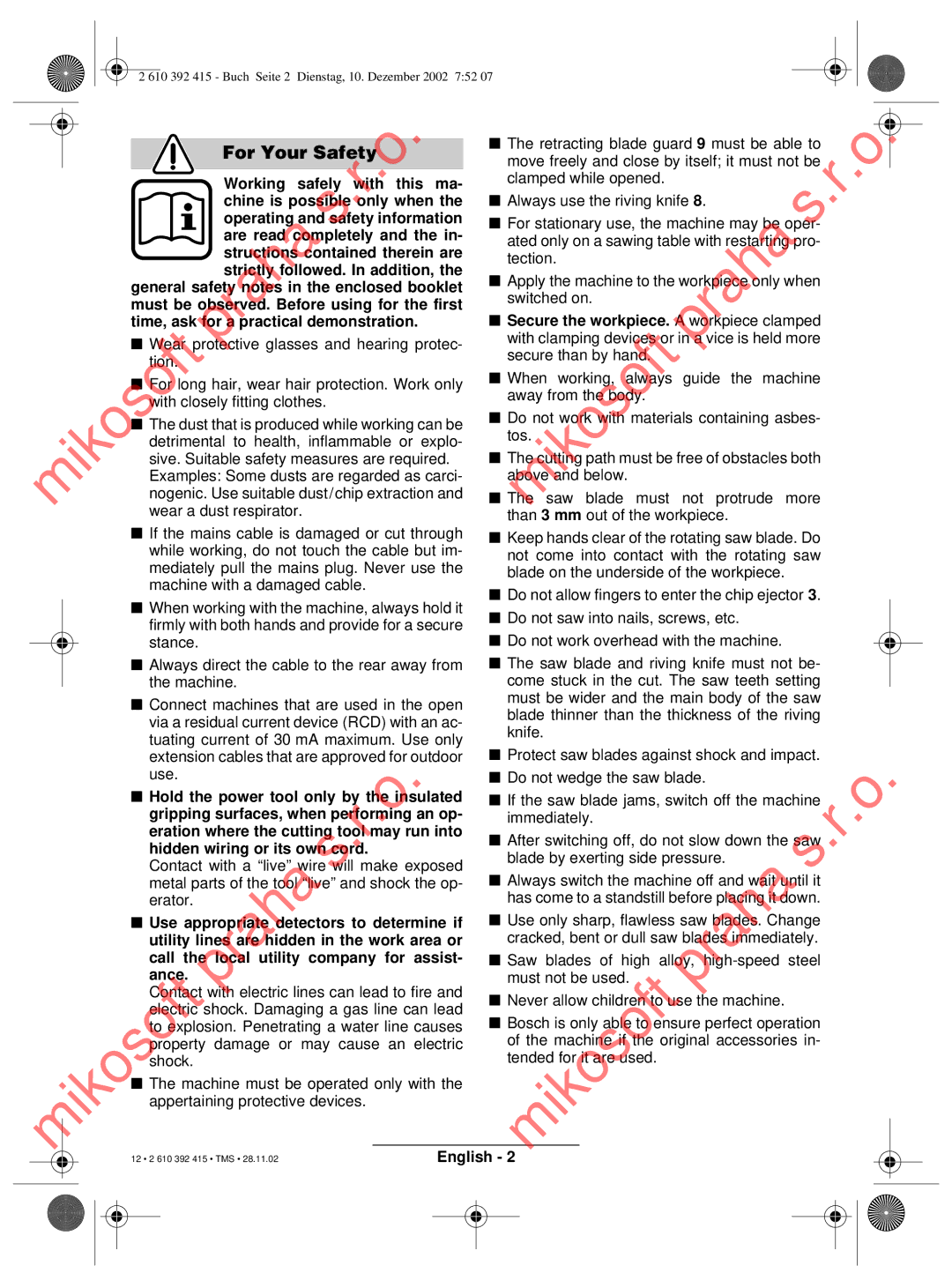 Bosch Power Tools PKS 40, PKS 46 operating instructions For Your Safety 