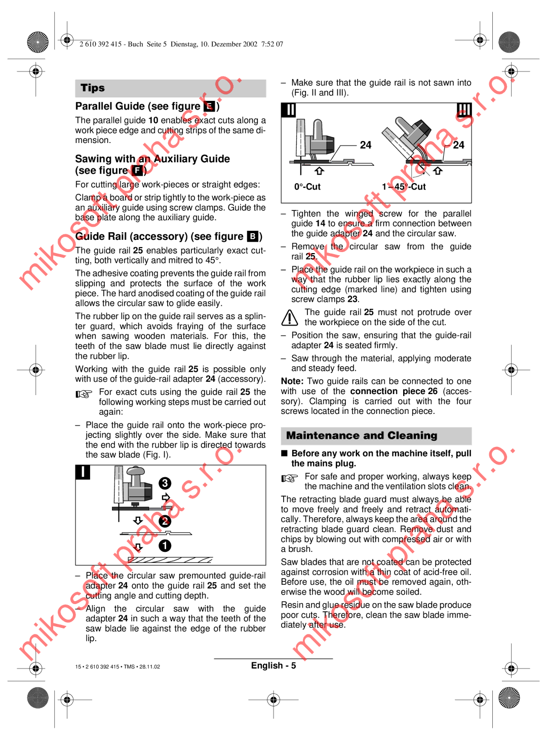 Bosch Power Tools PKS 46 Tips Parallel Guide see figure, Guide Rail accessory see figure B, Maintenance and Cleaning 