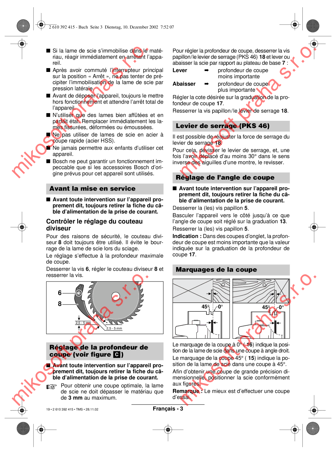 Bosch Power Tools PKS 46 Avant la mise en service, Levier de serrage PKS, Réglage de l’angle de coupe, Coupe voir figure 