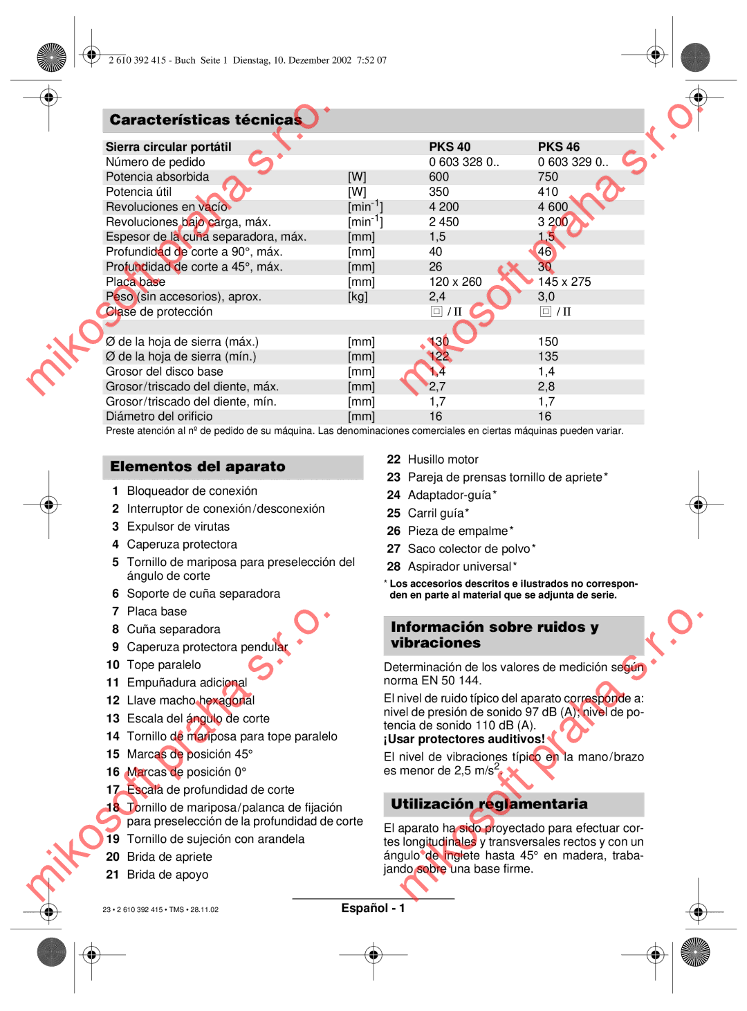 Bosch Power Tools PKS 46, PKS 40 Características técnicas, Elementos del aparato, Información sobre ruidos y Vibraciones 