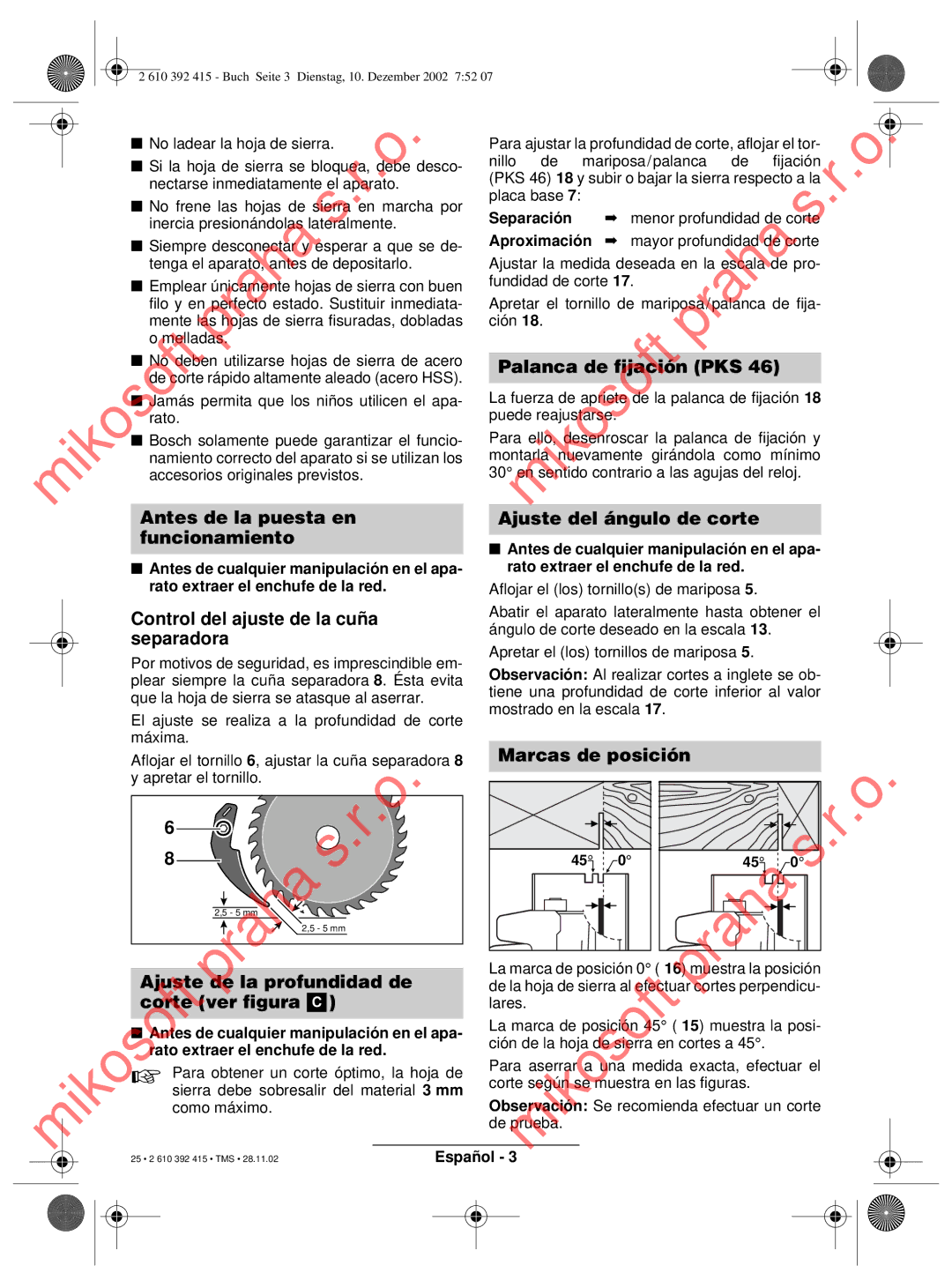 Bosch Power Tools PKS 46, PKS 40 Palanca de fijación PKS, Ajuste del ángulo de corte, Marcas de posición, Cor e ver figura 