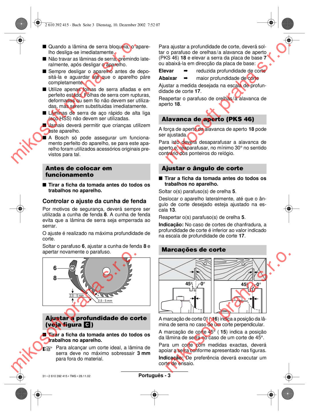 Bosch Power Tools PKS 46, PKS 40 Controlar o ajuste da cunha de fenda, Ajustar o ângulo de corte, Marcações de corte 