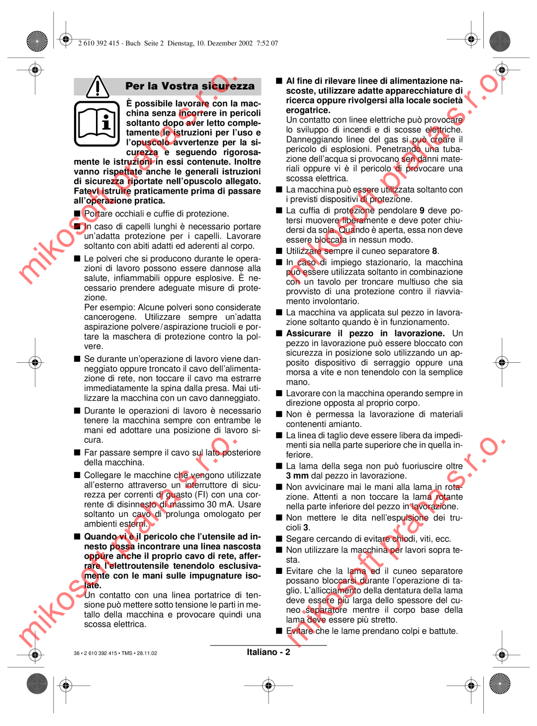 Bosch Power Tools PKS 40, PKS 46 operating instructions Per la Vostra sicurezza 