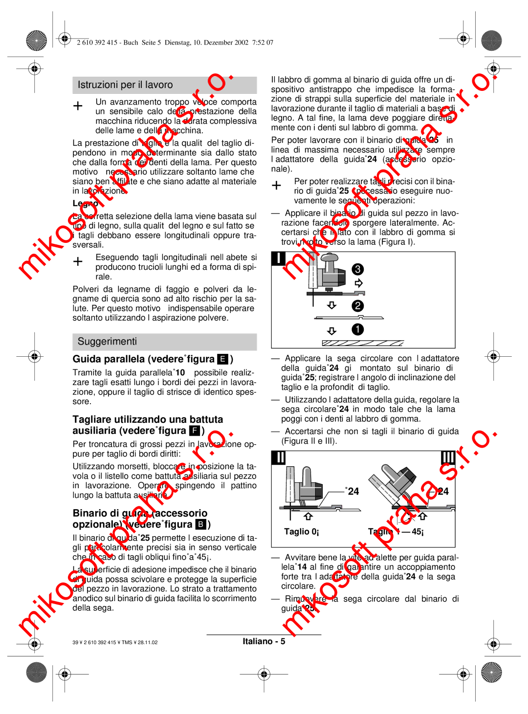 Bosch Power Tools PKS 46, PKS 40 operating instructions MikosoftLegno, Istruzioni per il lavoro 