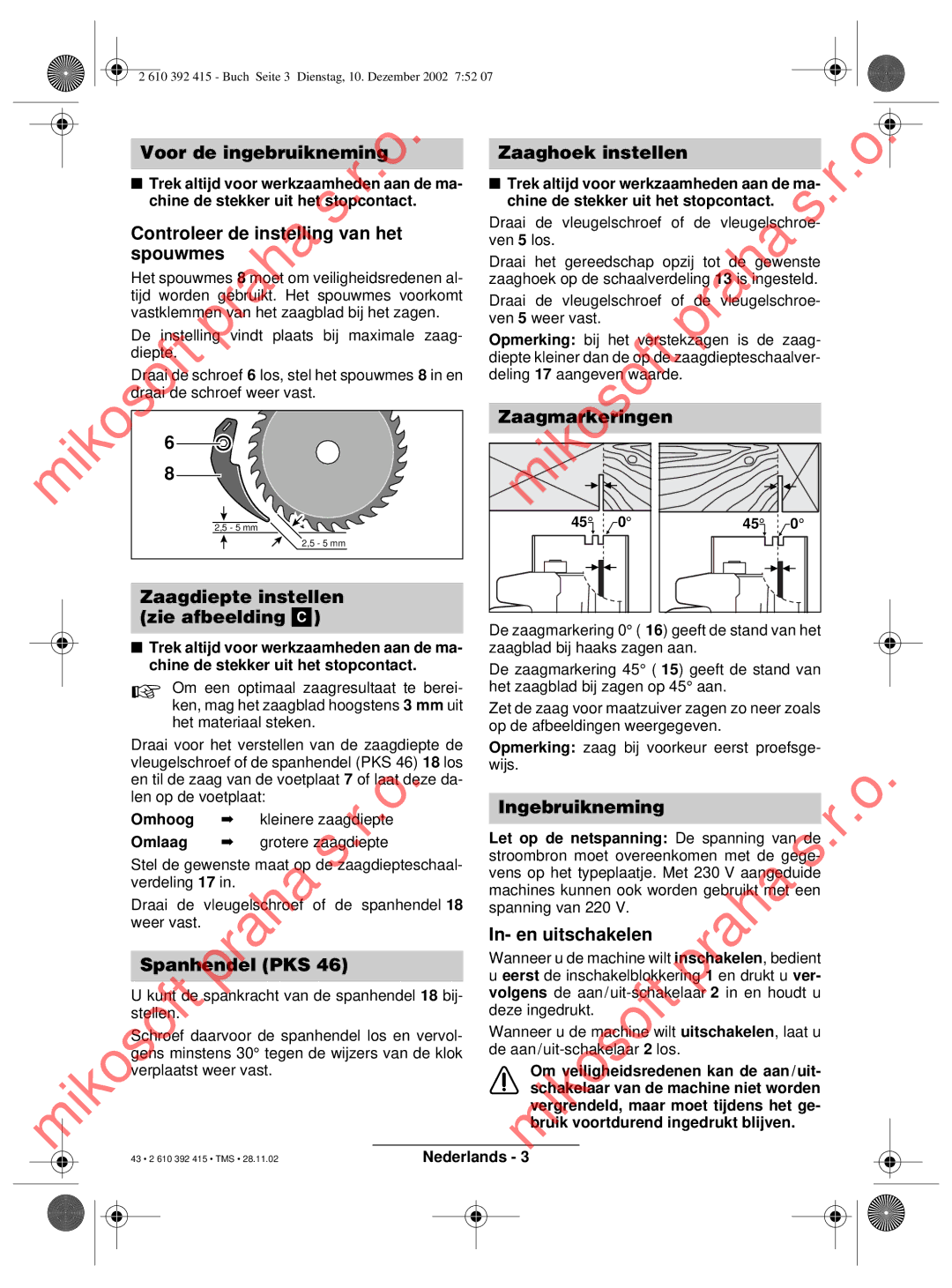 Bosch Power Tools PKS 46, PKS 40 operating instructions Voor de ingebruikneming 