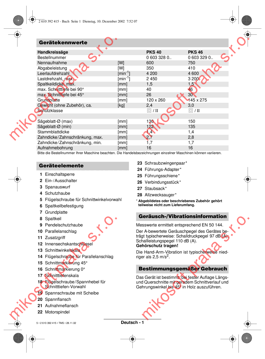 Bosch Power Tools PKS 46, PKS 40 410praha, Gerätekennwerte, Geräteelemente, Geräusch-/Vibrationsinformation 