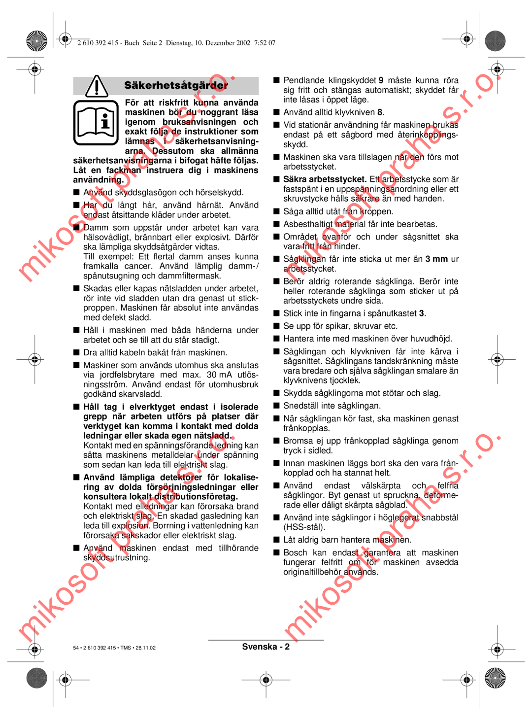 Bosch Power Tools PKS 40, PKS 46 operating instructions Säkerhetsåtgärder 