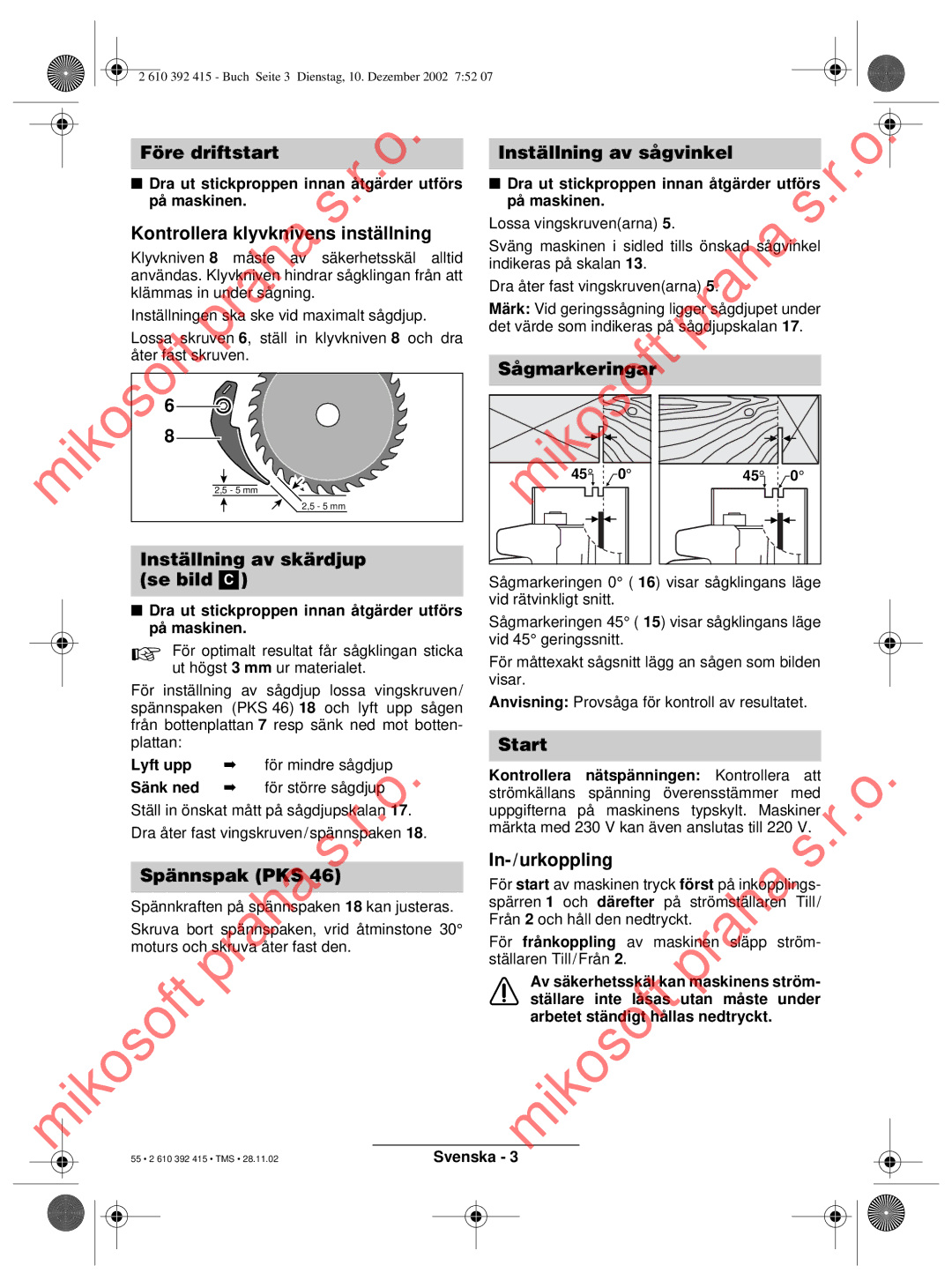 Bosch Power Tools PKS 46, PKS 40 operating instructions Före driftstart, Kontrollera klyvknivens inställning 