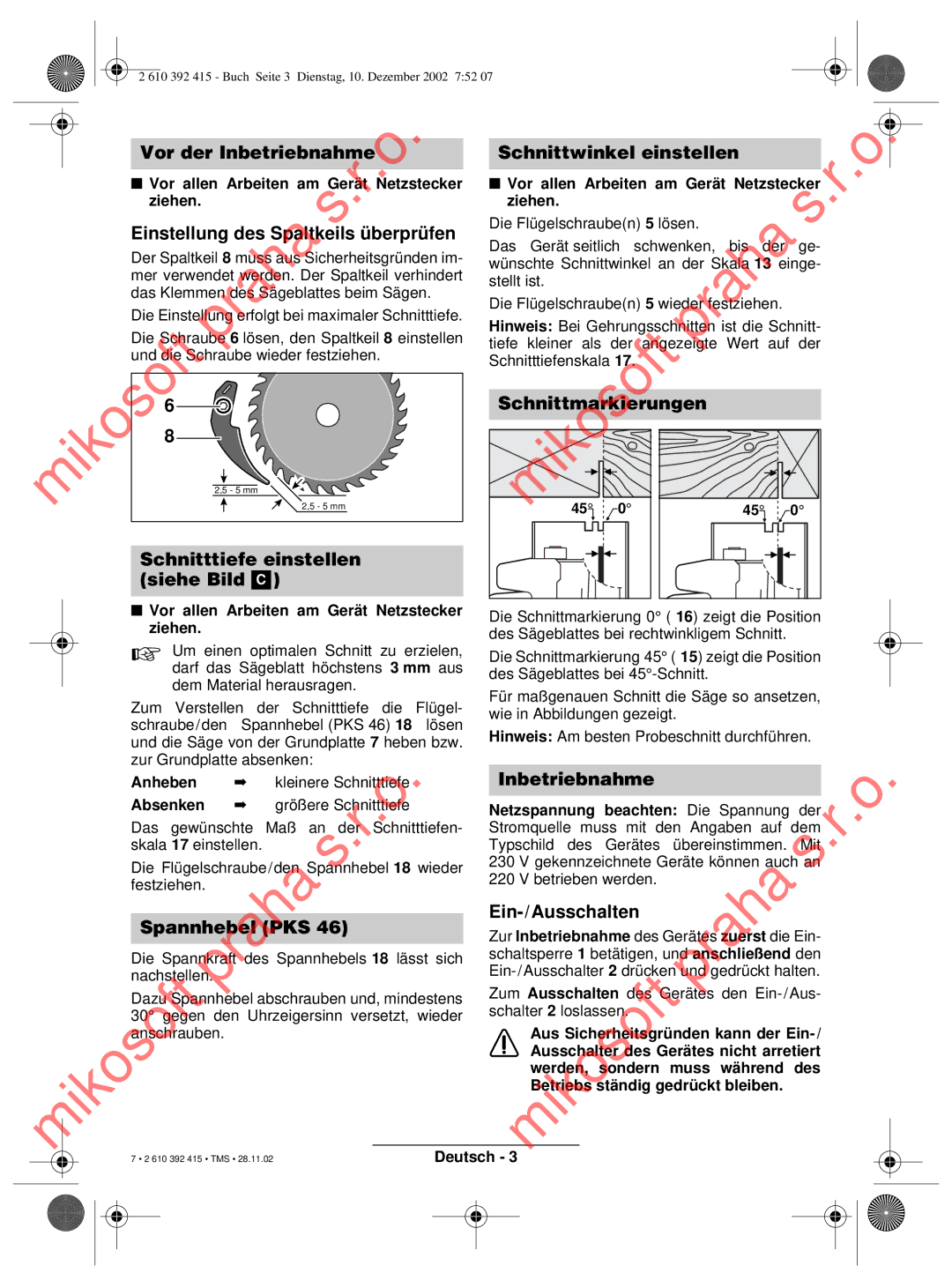 Bosch Power Tools PKS 46, PKS 40 Vor der Inbetriebnahme, Einstellung des Spaltkeils überprüfen, Schnittmarkierungen 