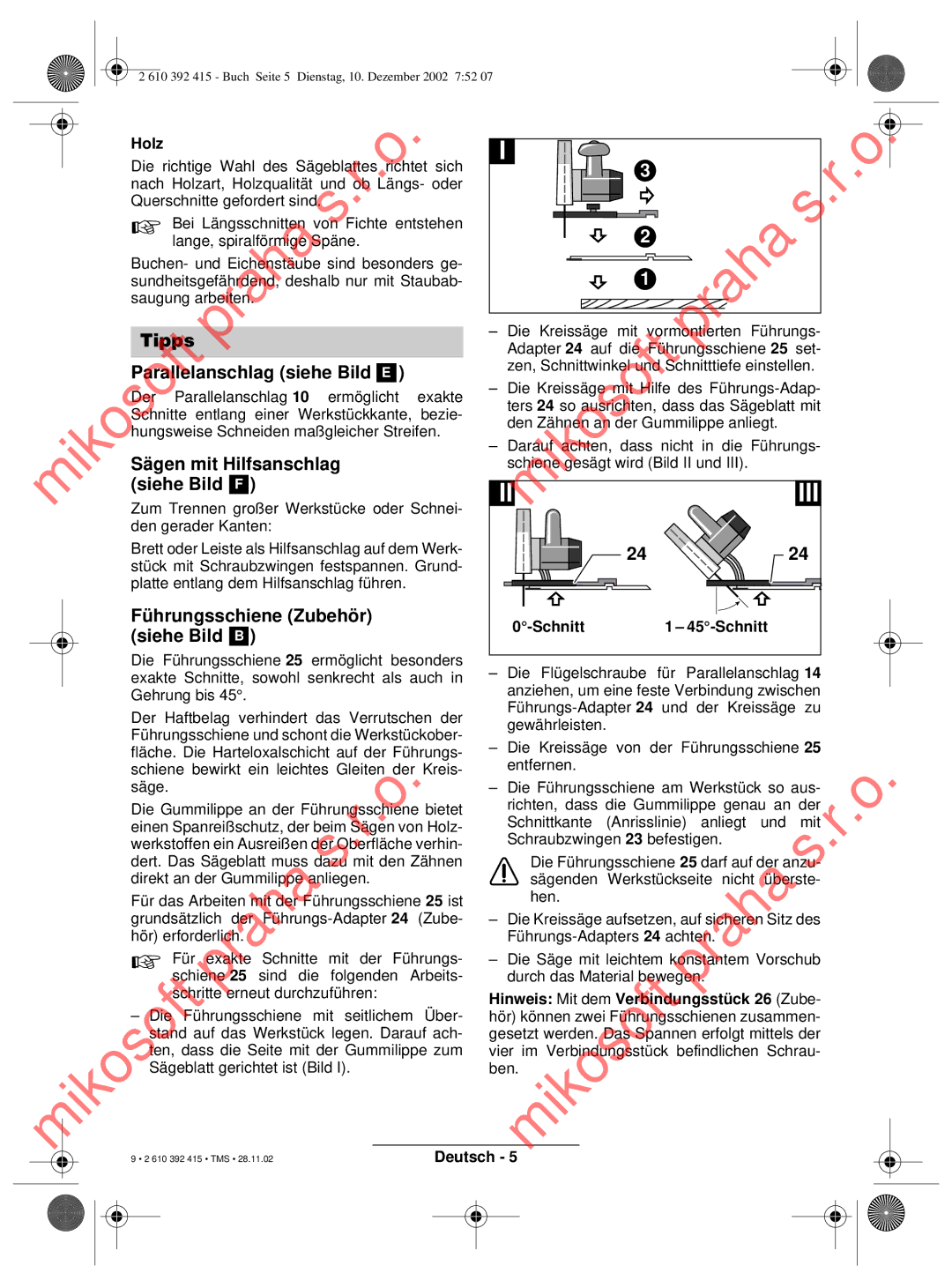 Bosch Power Tools PKS 46, PKS 40 Tipps praha, Sägen mit Hilfsanschlag, Führungsschiene Zubehör, Siehe Bild B 