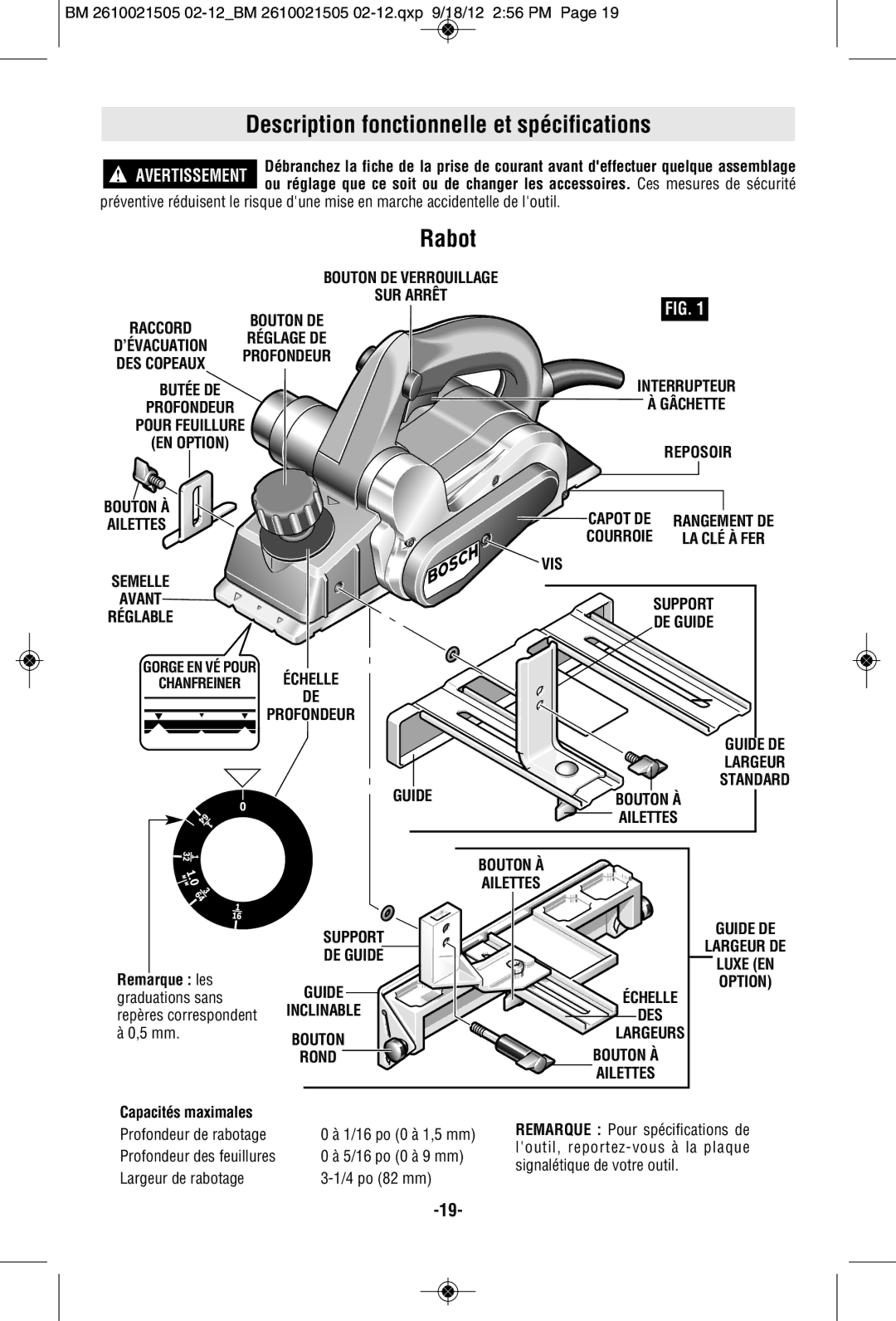 Bosch Power Tools PL1682 manual Description fonctionnelle et spécifications, Rabot 