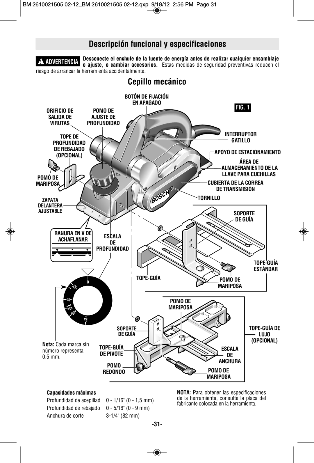 Bosch Power Tools PL1682 manual Descripción funcional y especificaciones, Cepillo mecánico 