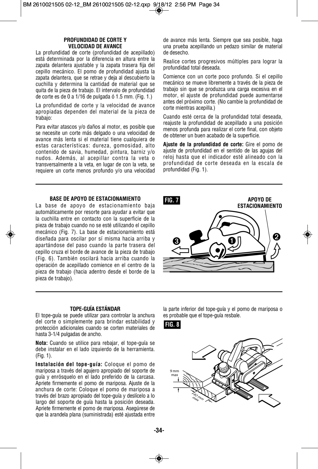 Bosch Power Tools PL1682 manual Profundidad DE Corte Y Velocidad DE Avance, Apoyo DE Estacionamiento TOPE-GUÍA Estándar 