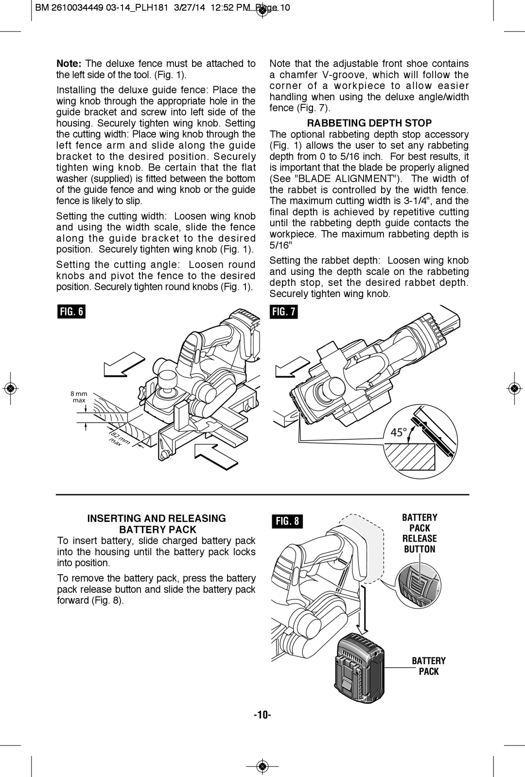 Bosch Power Tools PLH181BL manual Rabbeting Depth Stop, Inserting and Releasing, BATTERy Pack, Battery Pack Release Button 