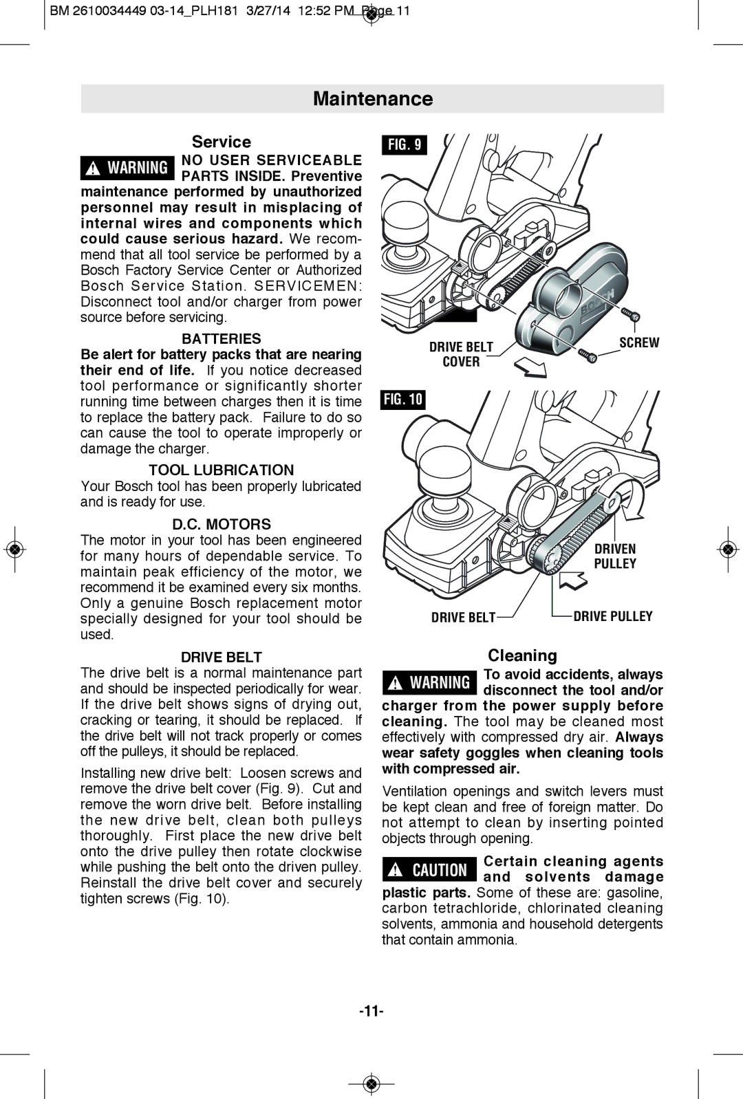 Bosch Power Tools PLH181BN, PLH181K, PLH181BL manual Maintenance, Cleaning, Batteries, Driven Pulley Drive Belt 